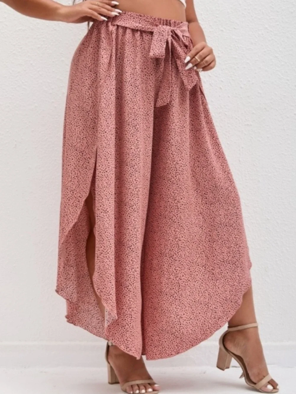 SHEIN Curve 0XL High Slit Speckled Wide Leg Pants Faux Maxi Skirt Tie Waist Boho - Picture 15 of 15